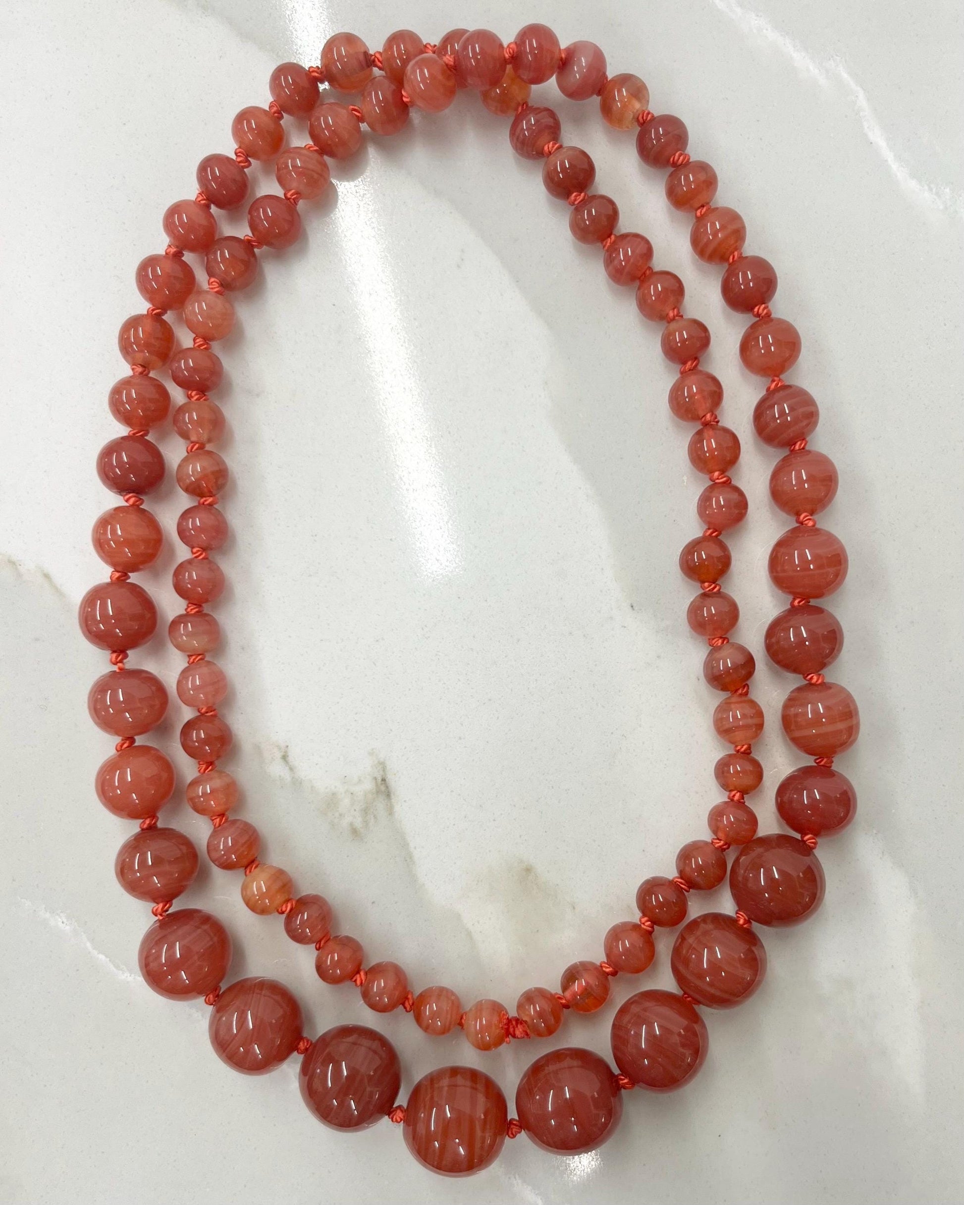 Vintage Hand Knotted Graduated Carnelian Green Uranium Swirl Glass Bead Necklace - Art Deco 31” Long MillyOliverVintage