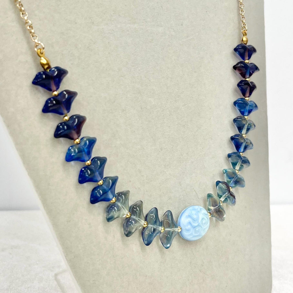 Blue Uranium Glass Bead & Gold Plated Chain Necklace Bright Green Under UV Light Handmade 17” with a 2” Extender MillyOliverVintage