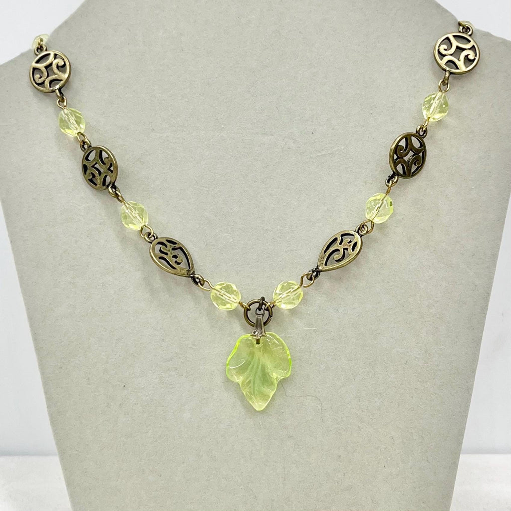Yellow Uranium Glass Bead Leaf Drop Necklace with Antiques Brass Toned Accents: UV Reactive MillyOliverVintage