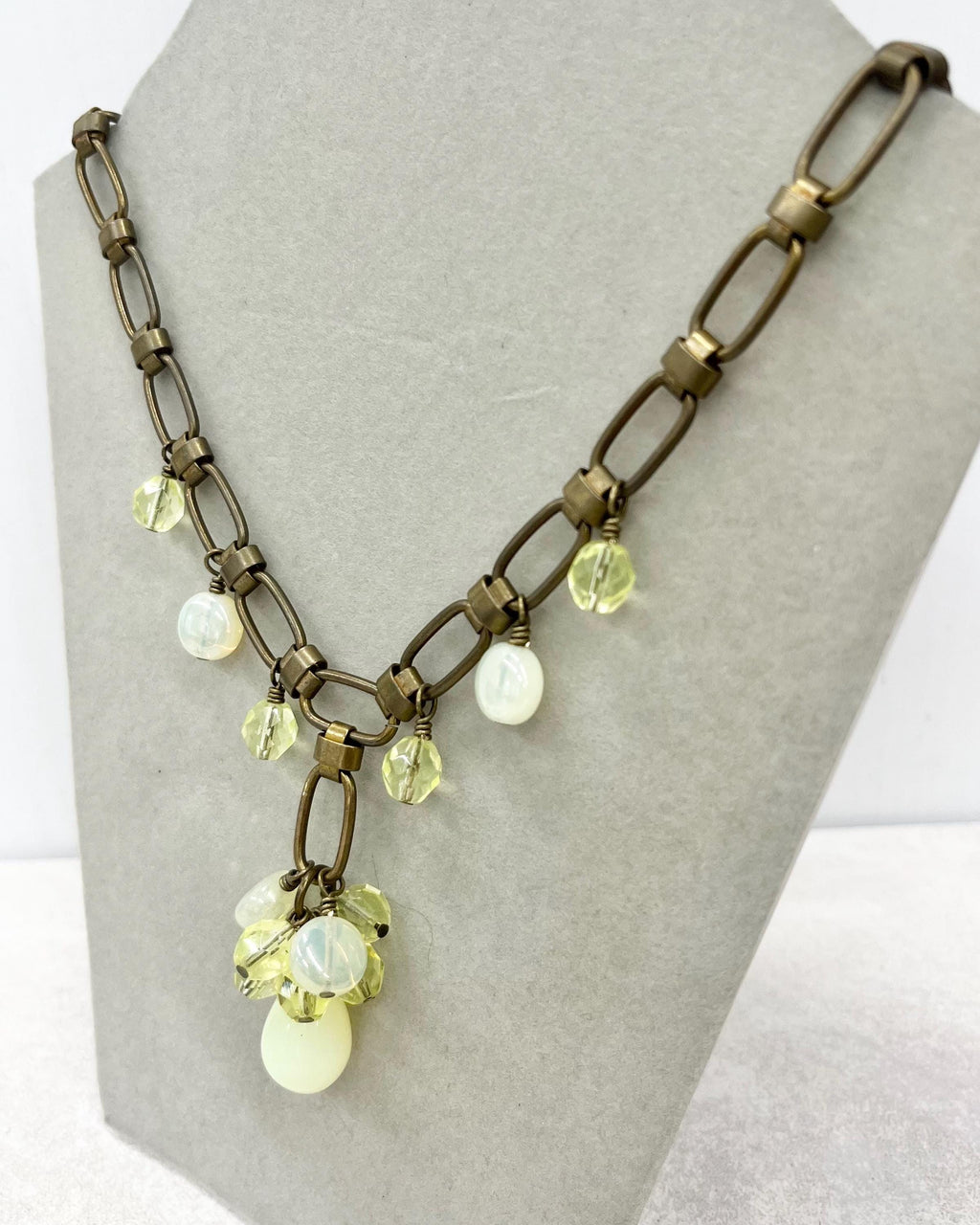 Uranium Glass Bead Cluster Drop Necklace: Yellow Crystal, Brass Tone Chain, UV Reactive MillyOliverVintage