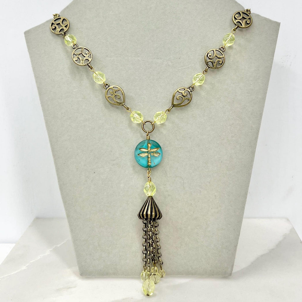 Uranium Glass Dragonfly Bead Tassle Drop Necklace: Yellow Crystal, Brass Tone Chain, UV Reactive 17” Long MillyOliverVintage