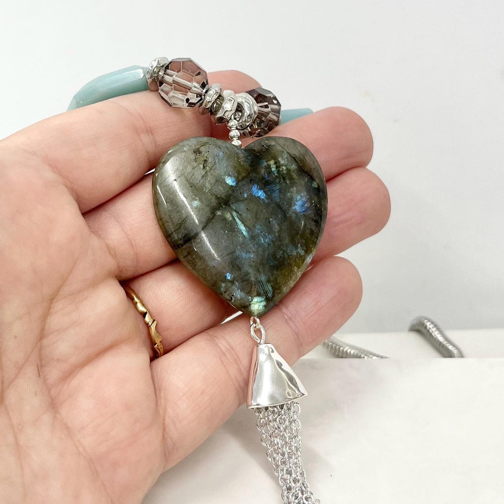 Labradorite Heart Drop Amazonite & Crystal Tassle Pendant Necklace Silver Plated Chain - 18” Long Handmade MillyOliverVintage
