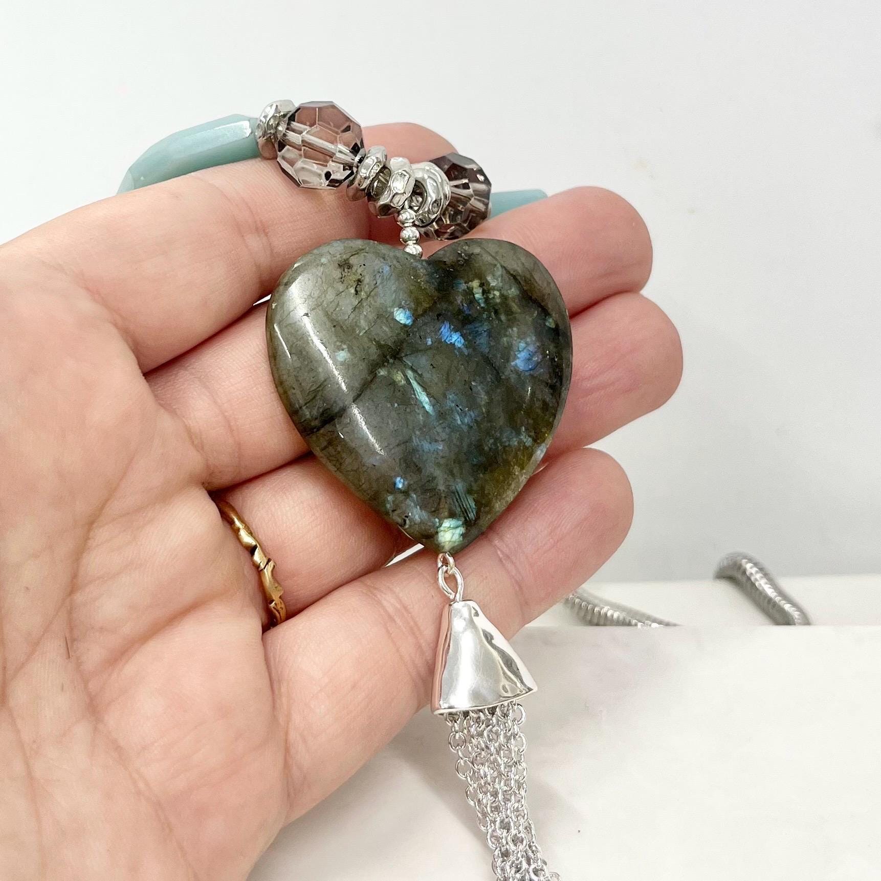 Labradorite Heart Drop Amazonite & Crystal Tassle Pendant Necklace Silver Plated Chain - 18” Long Handmade MillyOliverVintage