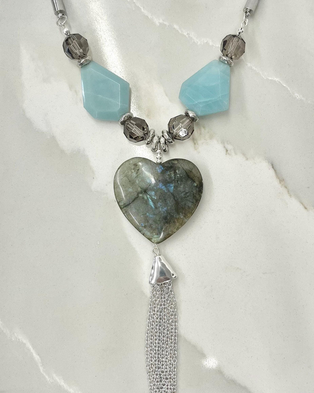 Labradorite Heart Drop Amazonite & Crystal Tassle Pendant Necklace Silver Plated Chain - 18” Long Handmade MillyOliverVintage
