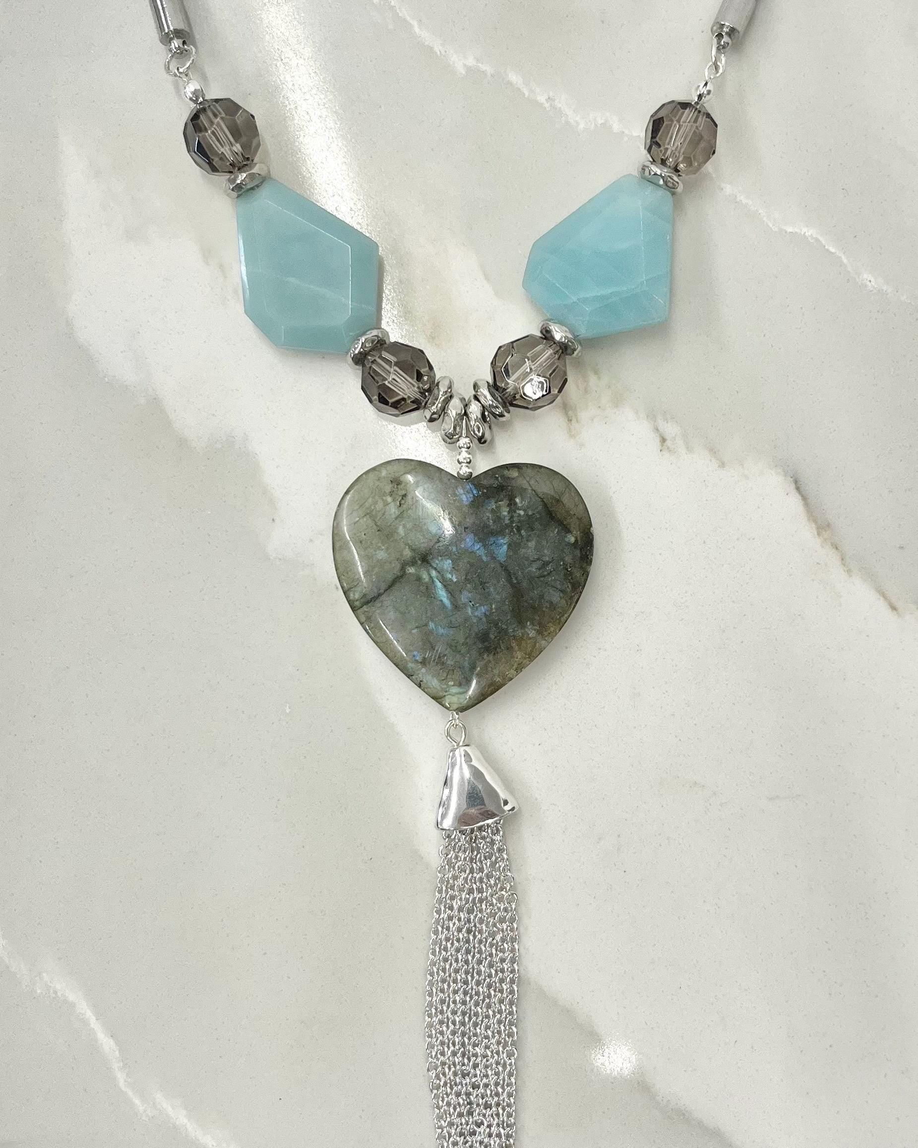 Labradorite Heart Drop Amazonite & Crystal Tassle Pendant Necklace Silver Plated Chain - 18” Long Handmade MillyOliverVintage