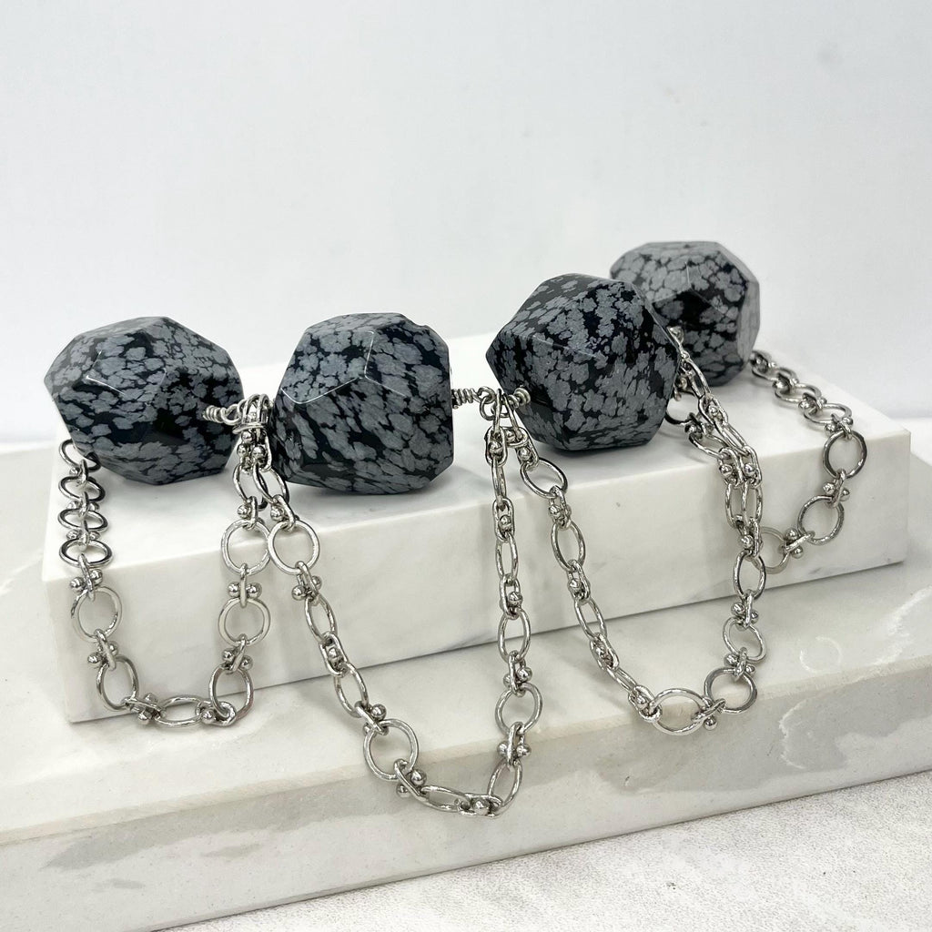 Contemporary Chunky Snowflake Obsidian Bead Statement Necklace with a Silver Plate Chain 18” Long MillyOliverVintage