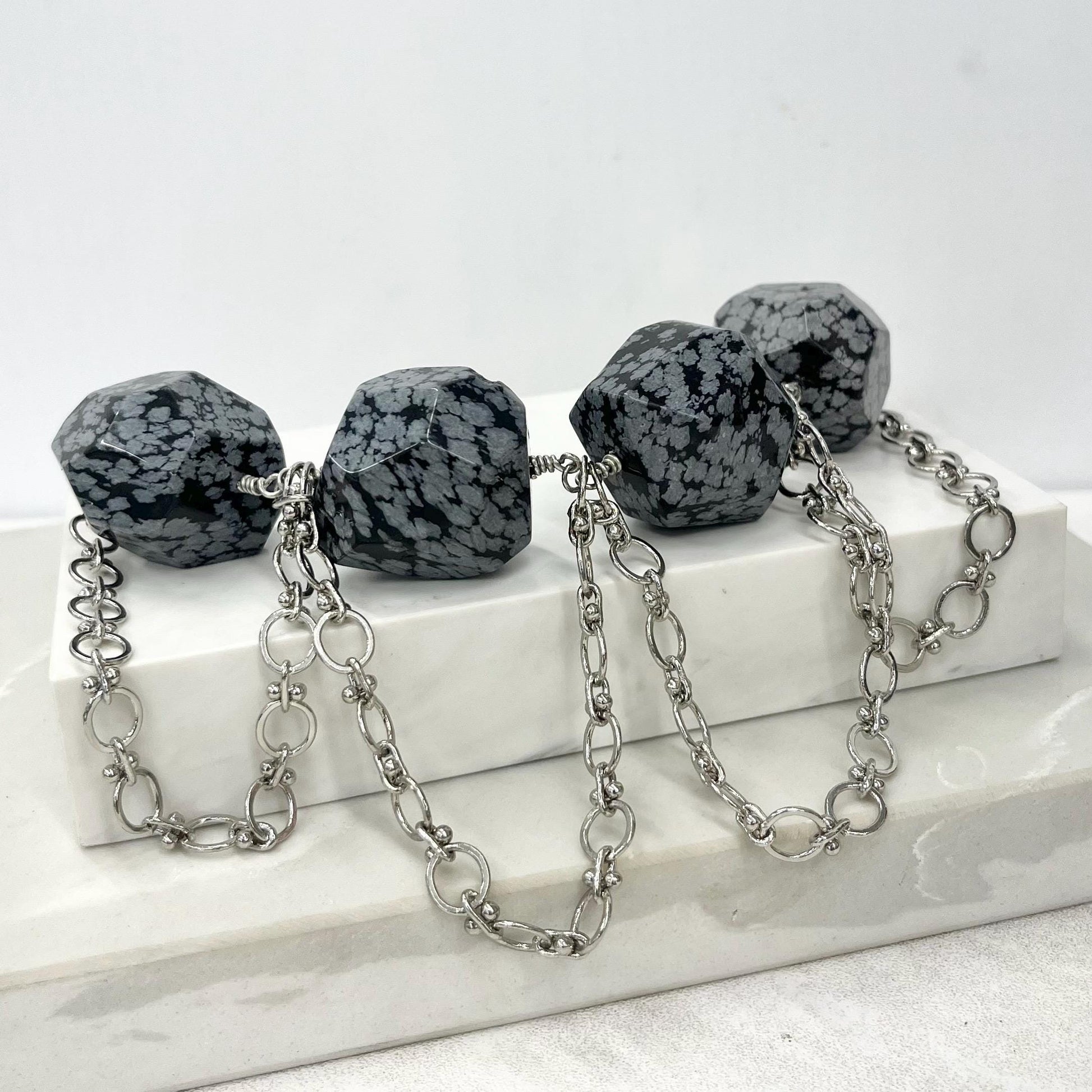 Contemporary Chunky Snowflake Obsidian Bead Statement Necklace with a Silver Plate Chain 18” Long MillyOliverVintage
