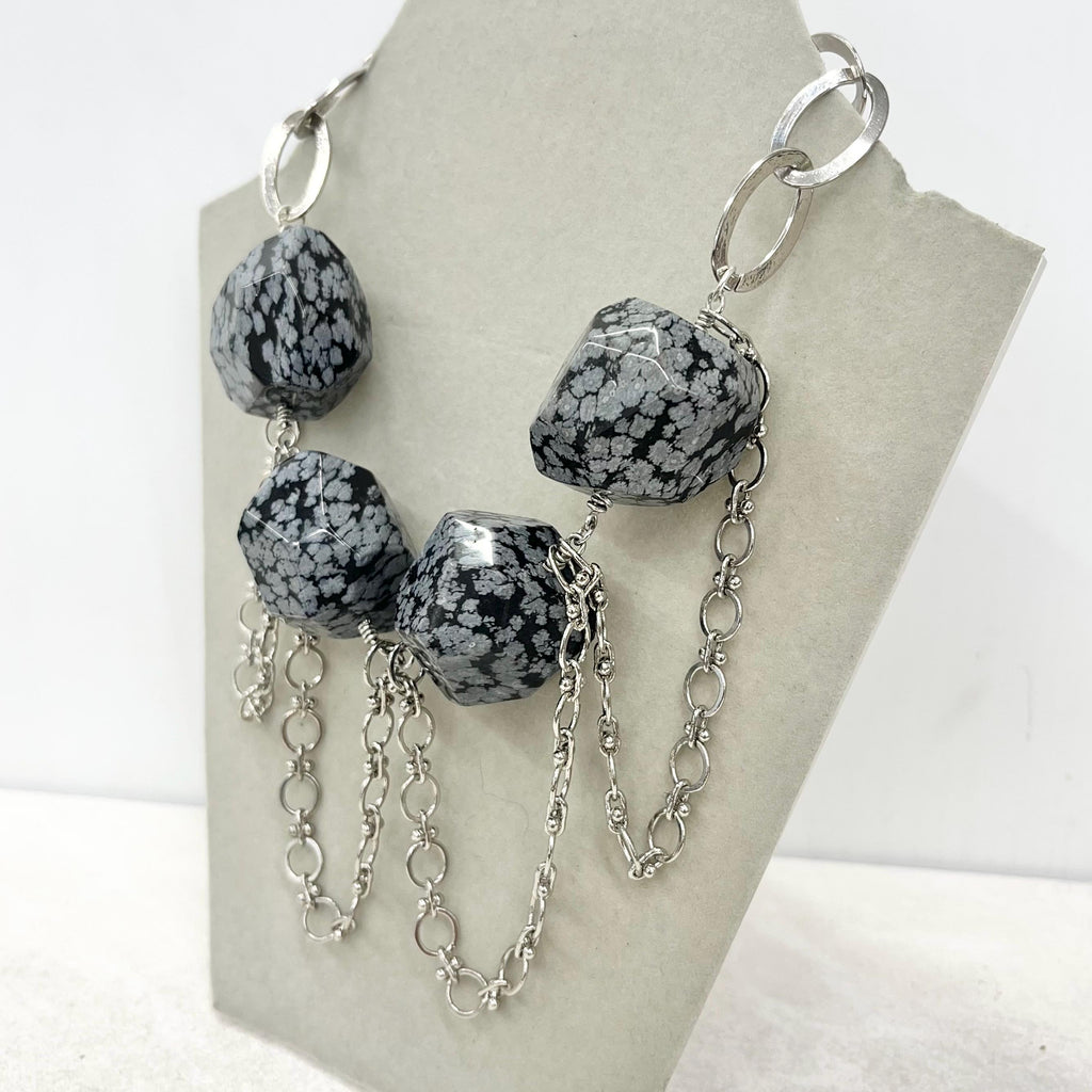 Contemporary Chunky Snowflake Obsidian Bead Statement Necklace with a Silver Plate Chain 18” Long MillyOliverVintage