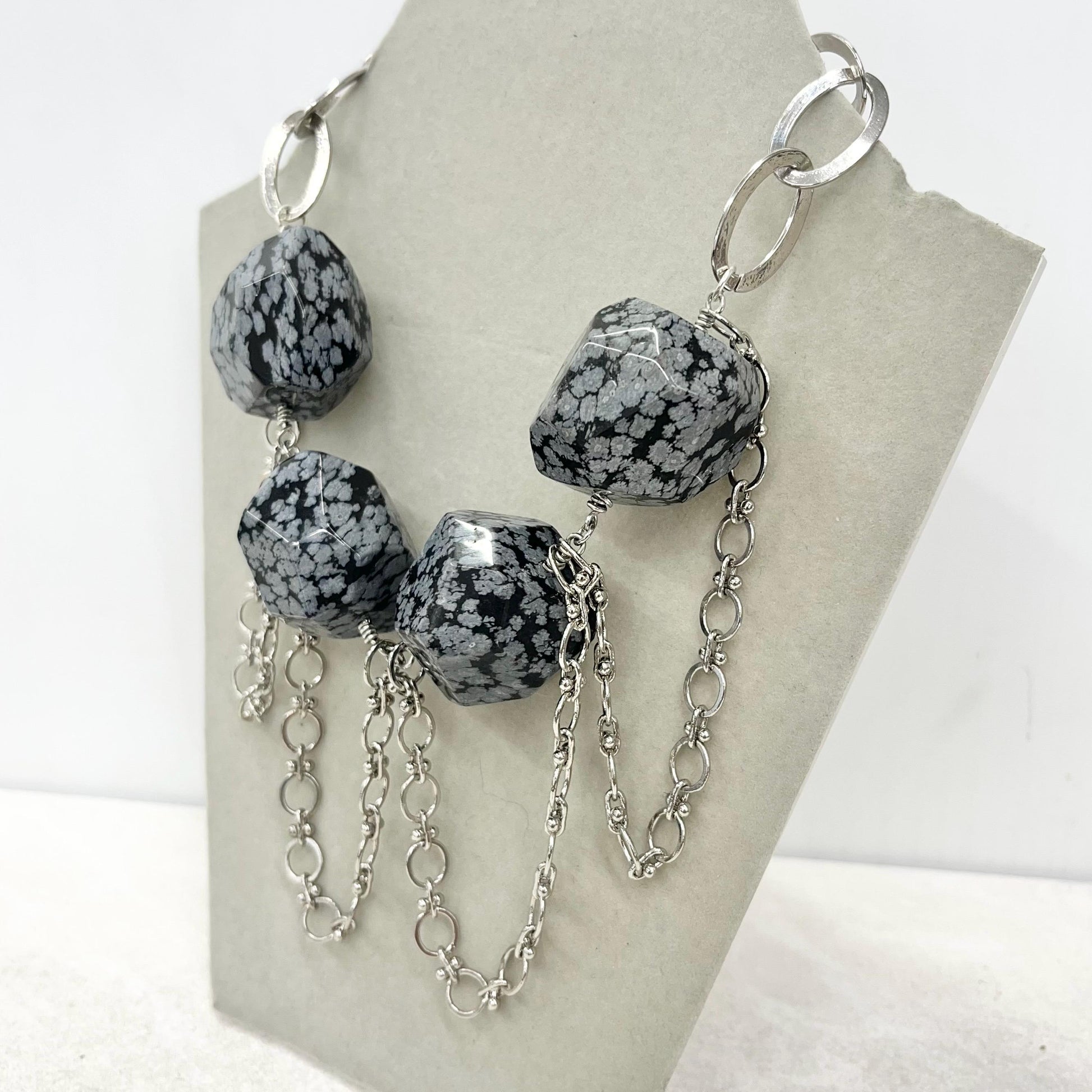 Contemporary Chunky Snowflake Obsidian Bead Statement Necklace with a Silver Plate Chain 18” Long MillyOliverVintage