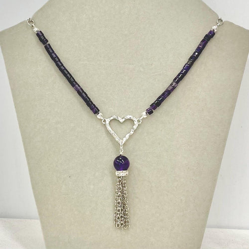 Amethyst Heart Drop Tassle Pendant Necklace Silver Plated Chain - 16” Long Handmade MillyOliverVintage