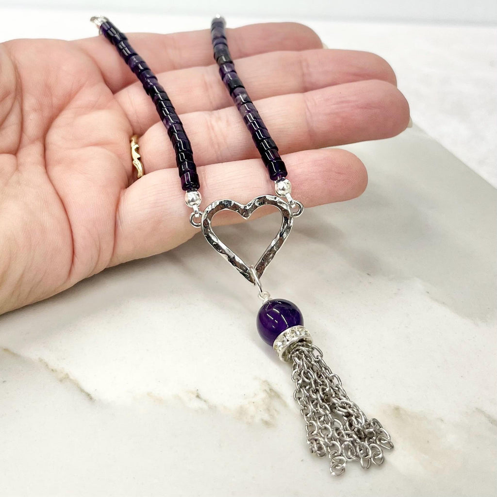 Amethyst Heart Drop Tassle Pendant Necklace Silver Plated Chain - 16” Long Handmade MillyOliverVintage