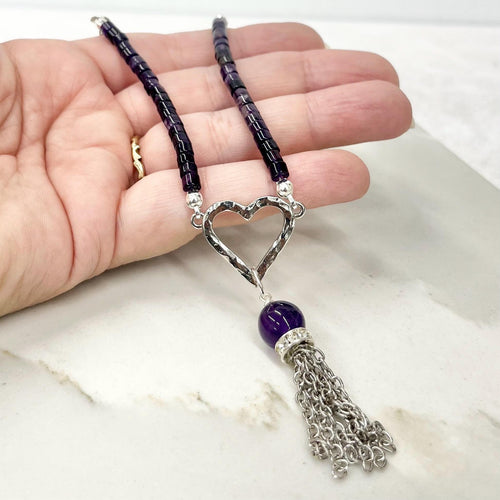 Amethyst Heart Drop Tassle Pendant Necklace Silver Plated Chain - 16” Long Handmade MillyOliverVintage