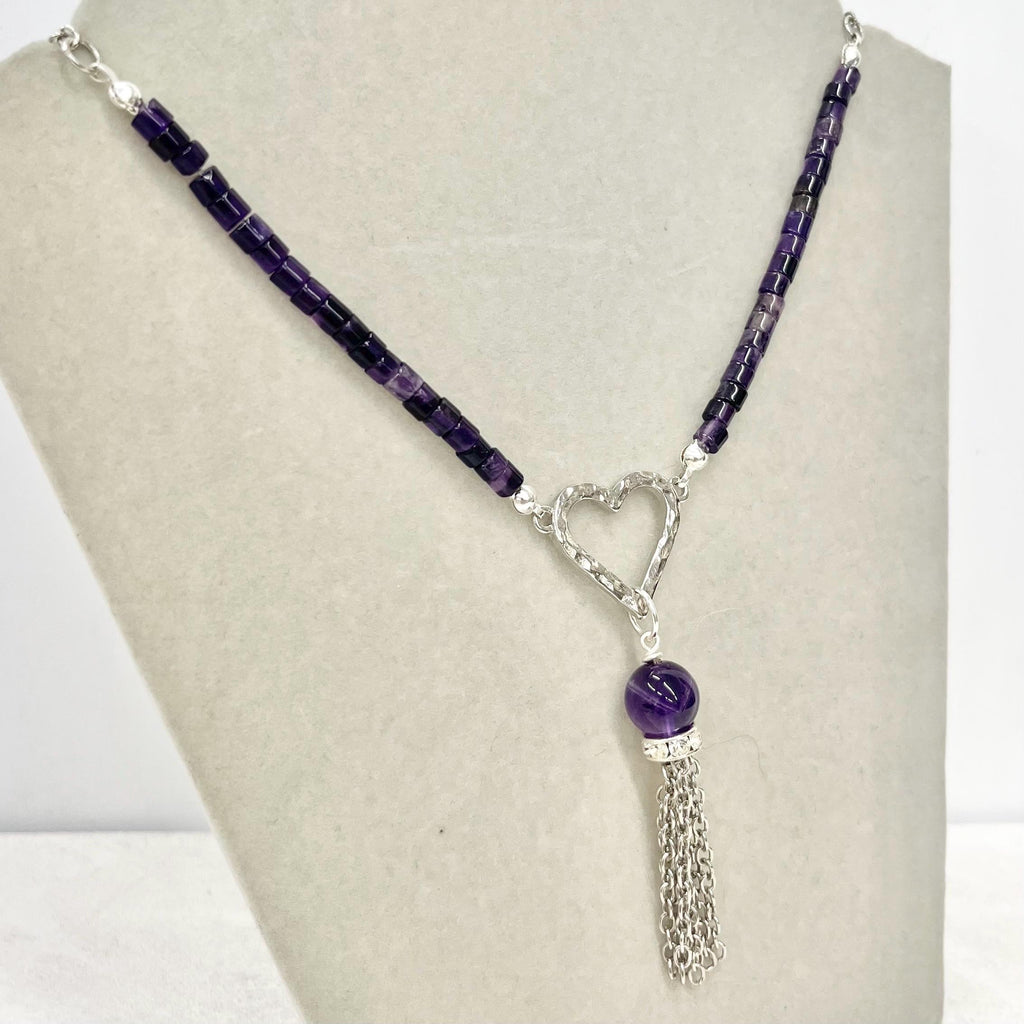 Amethyst Heart Drop Tassle Pendant Necklace Silver Plated Chain - 16” Long Handmade MillyOliverVintage