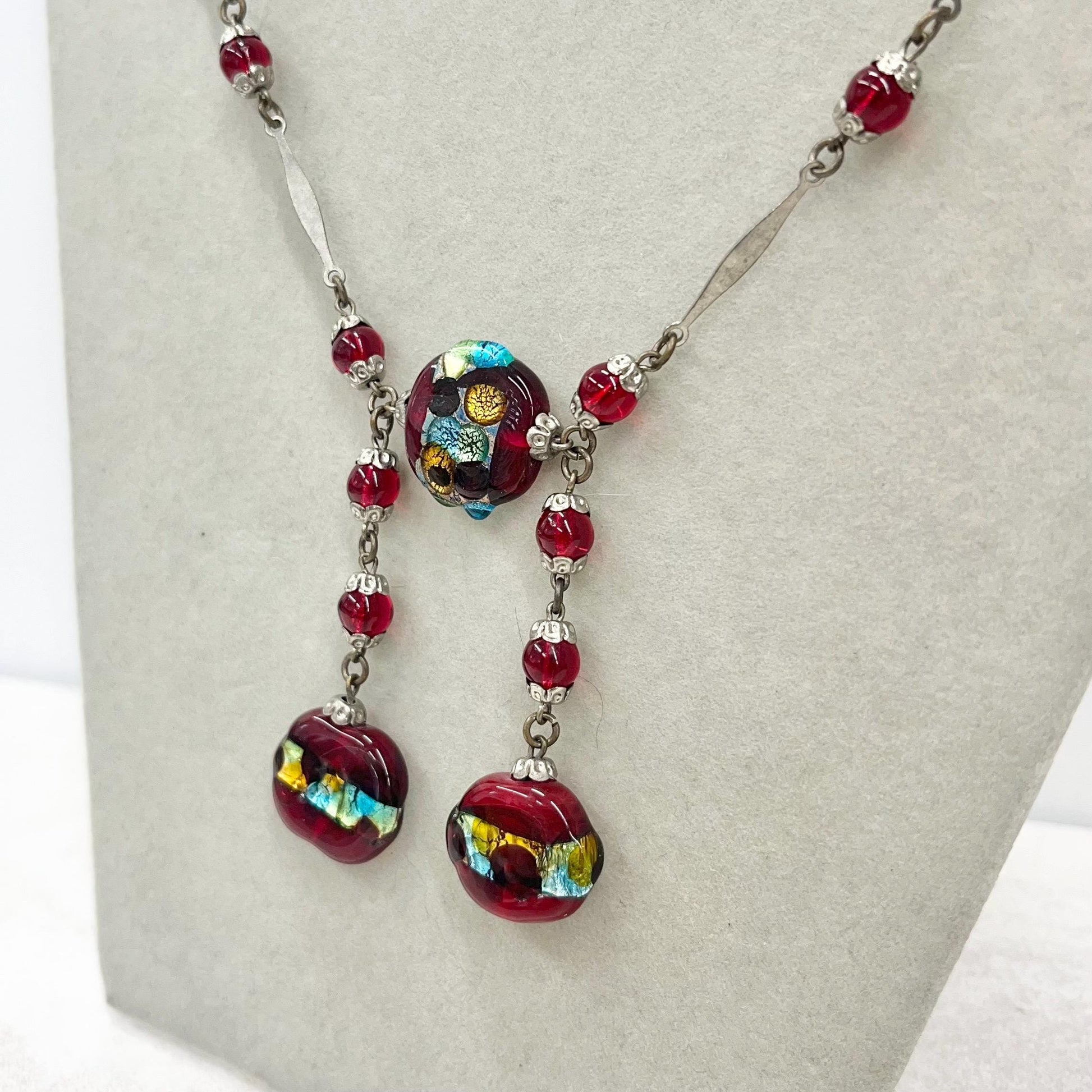 Vintage Venetian Red Dichroic Foil Lampwork Glass Bead Necklace 17” Long Handmade Lampwork Beads MillyOliverVintage