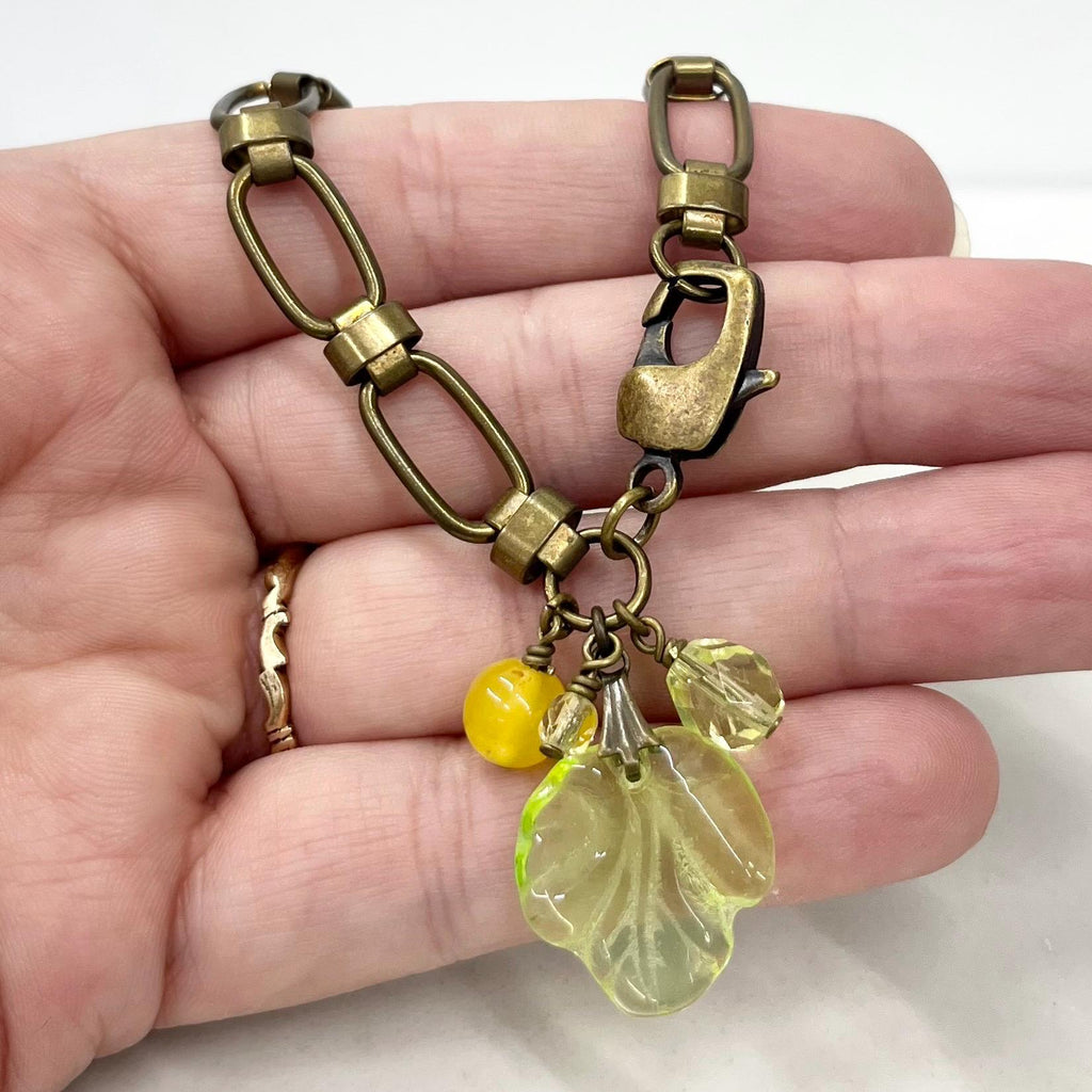 Yellow & Green Uranium Glass Leaf Bead Drop Charm Bracelet UV Reactive Glowing Jewellery MillyOliverVintage