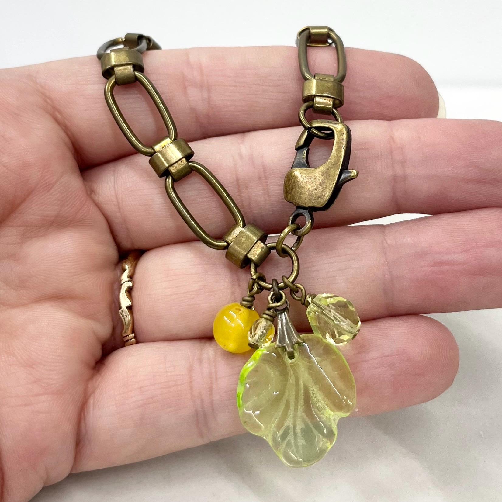 Yellow & Green Uranium Glass Leaf Bead Drop Charm Bracelet UV Reactive Glowing Jewellery MillyOliverVintage