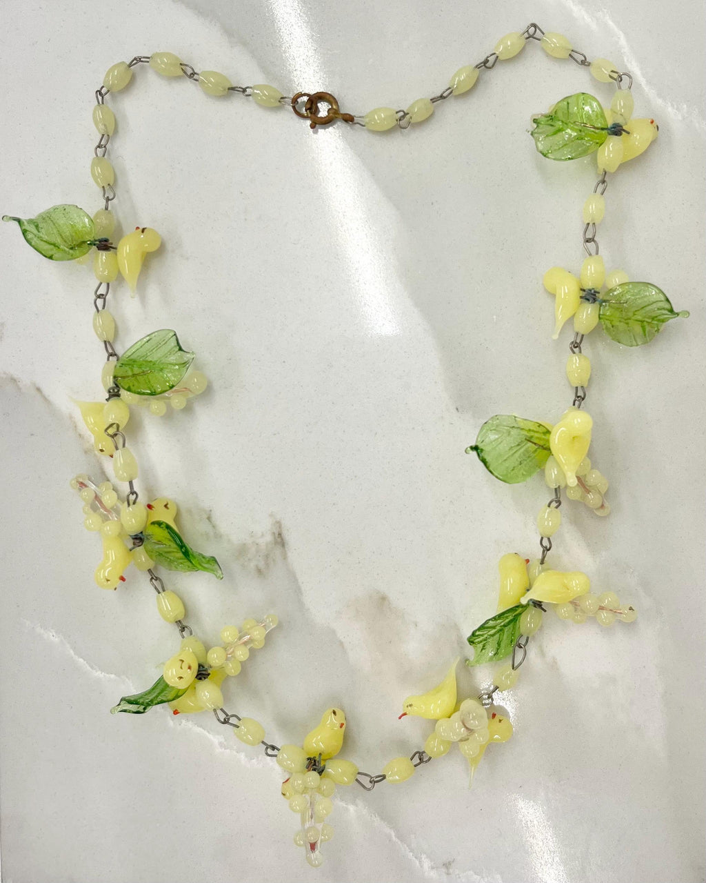 Vintage Italian Handblown Green and Yellow Vaseline Glass Bird & Grape Beaded Murano Necklace MillyOliverVintage