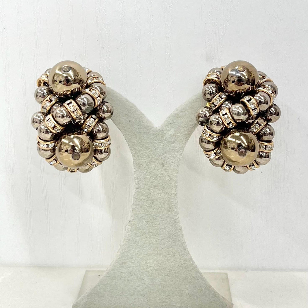 Vintage Chunky Bronze Tone Faux Pearl & Diamanted Clip On Earrings MillyOliverVintage