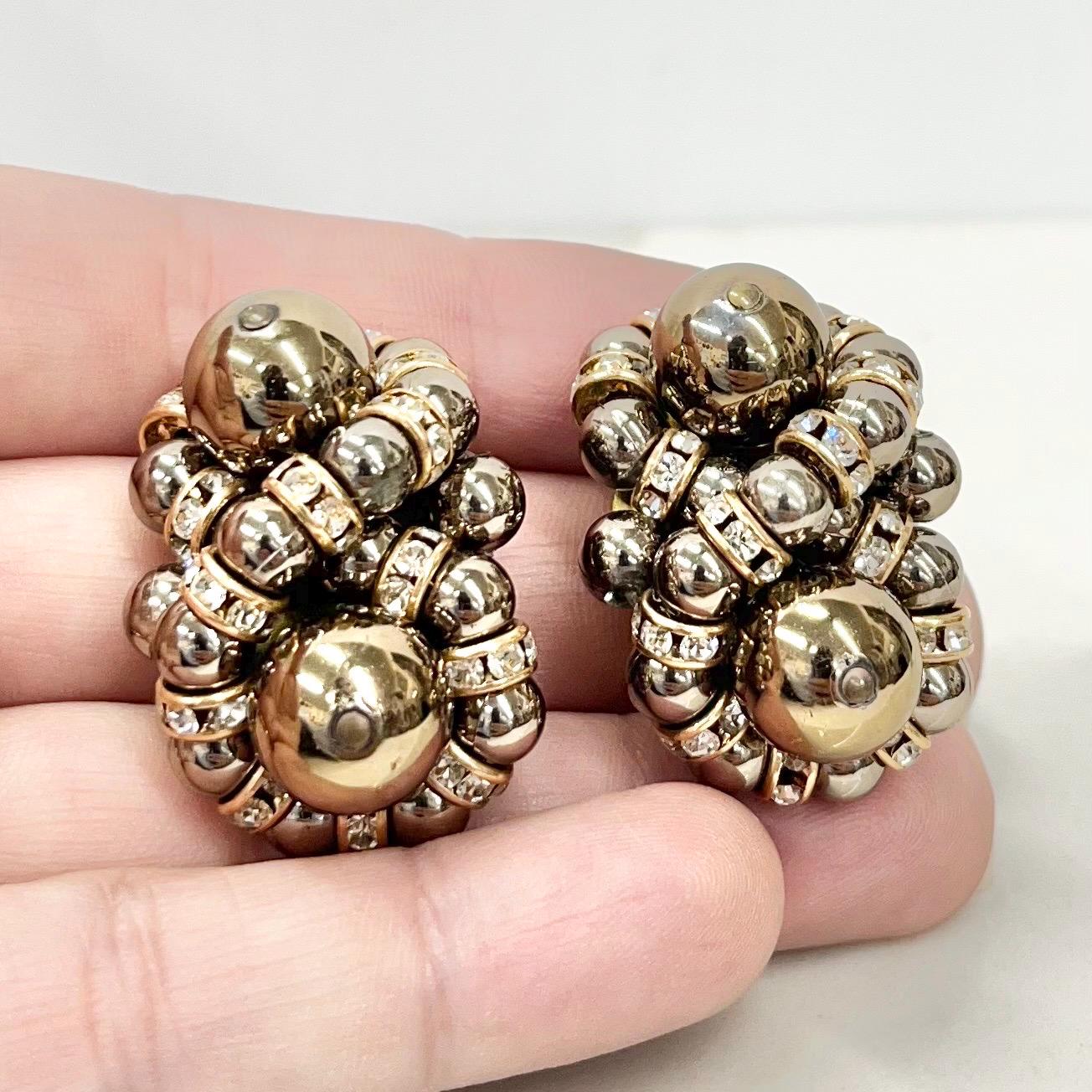 Vintage Chunky Bronze Tone Faux Pearl & Diamanted Clip On Earrings MillyOliverVintage