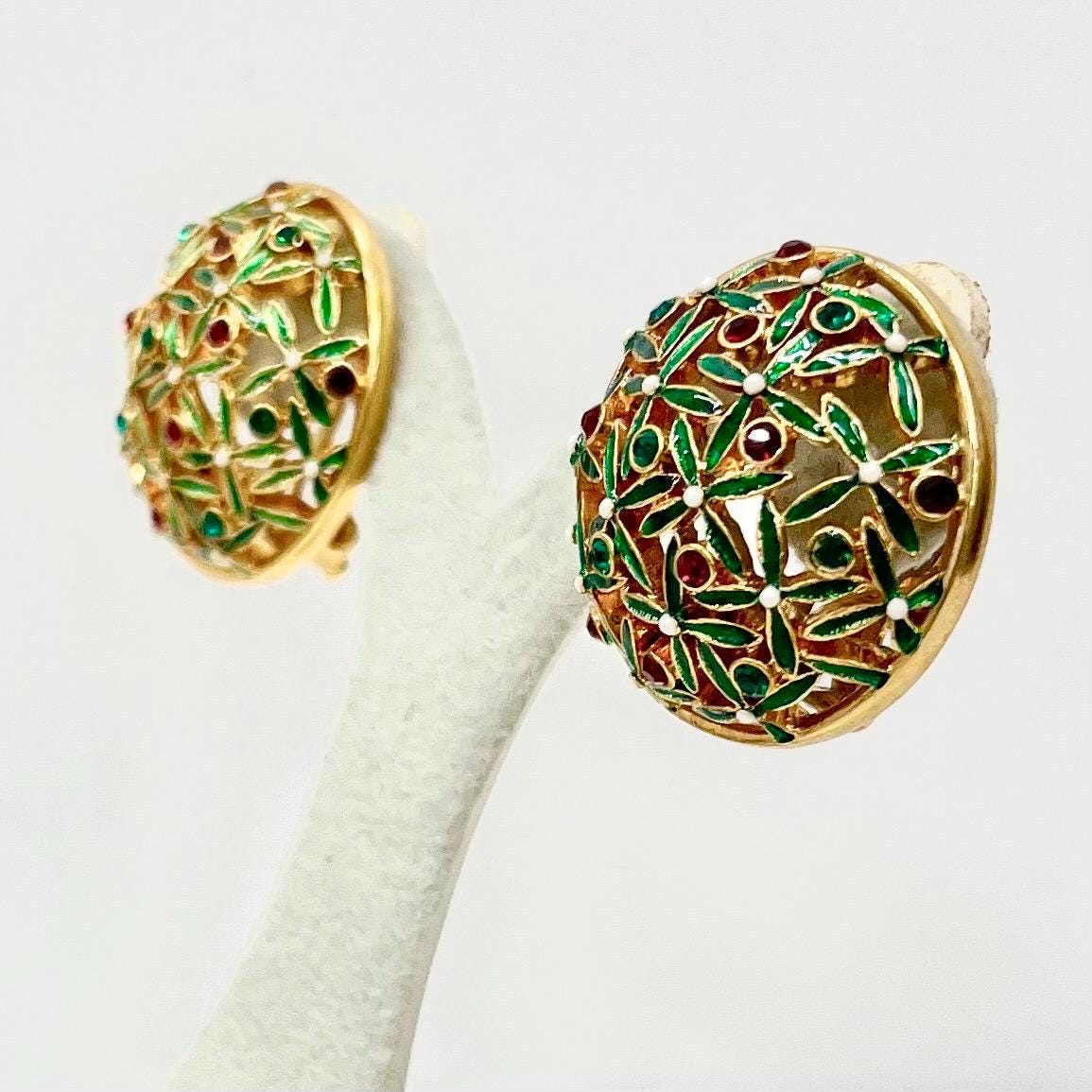 Vintage Joan Rivers Enamel & Crystal Round Clip On Earrings Gold Plated Christmas Colours MillyOliverVintage