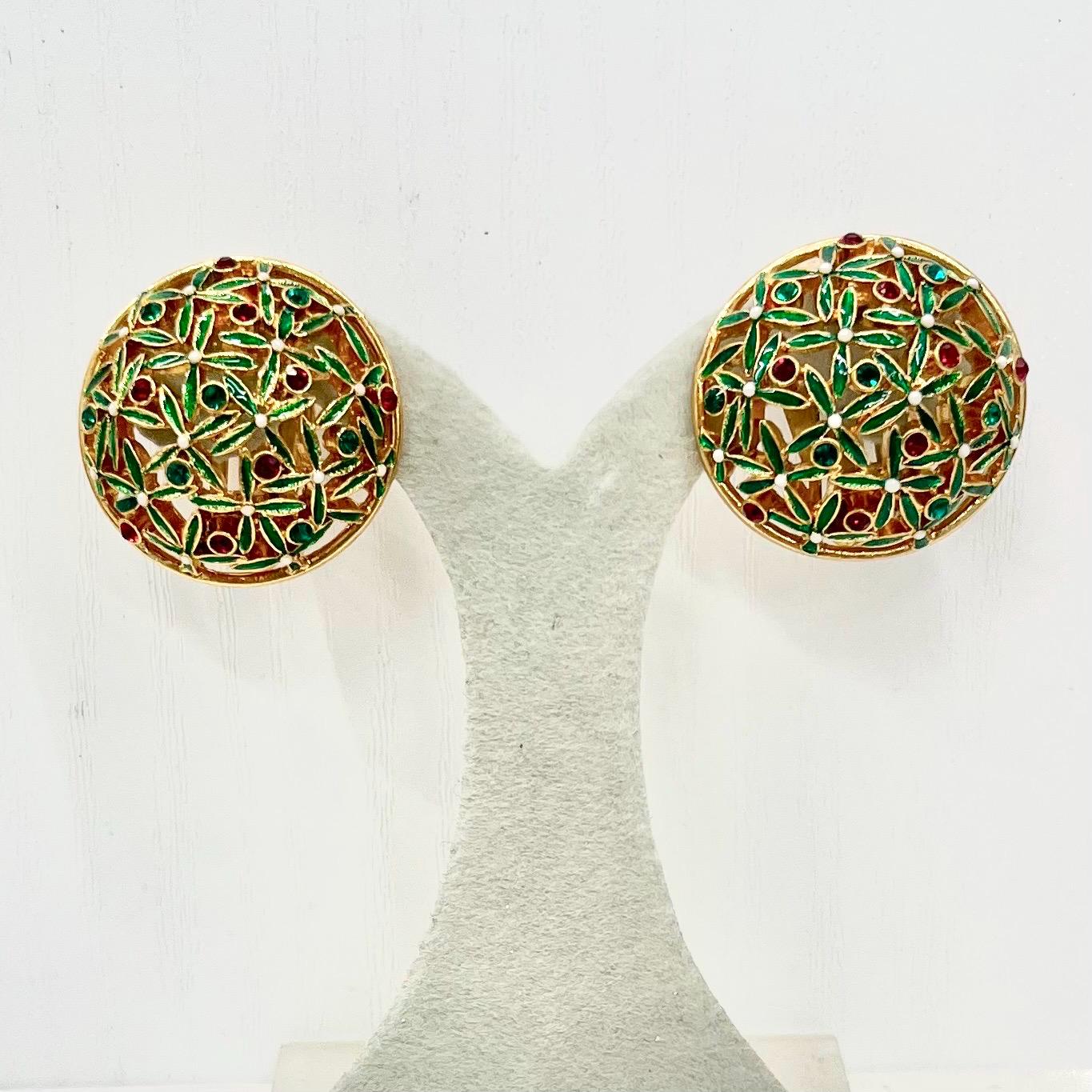 Vintage Joan Rivers Enamel & Crystal Round Clip On Earrings Gold Plated Christmas Colours MillyOliverVintage
