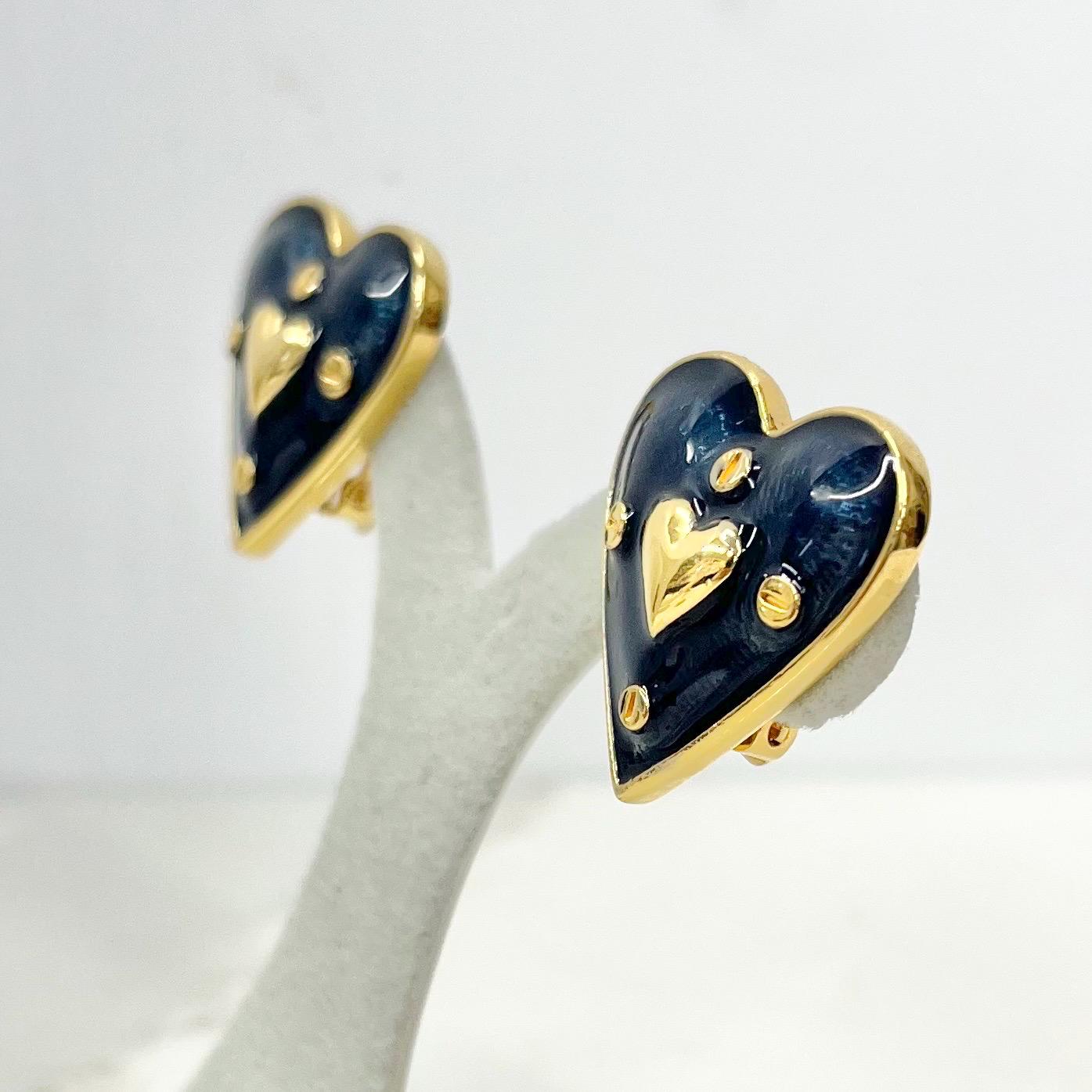 Vintage Navy Enamel Heart Shaped Clip On Earrings Gold Plated MillyOliverVintage