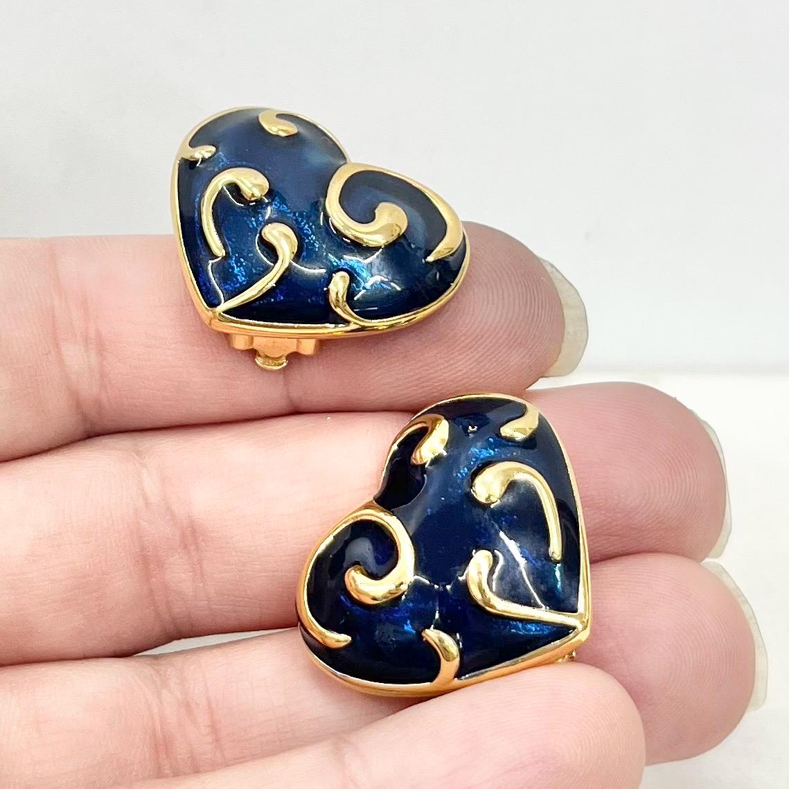 Vintage D’Orlan Navy Enamel Heart Shaped Clip On Earrings Gold Plated MillyOliverVintage