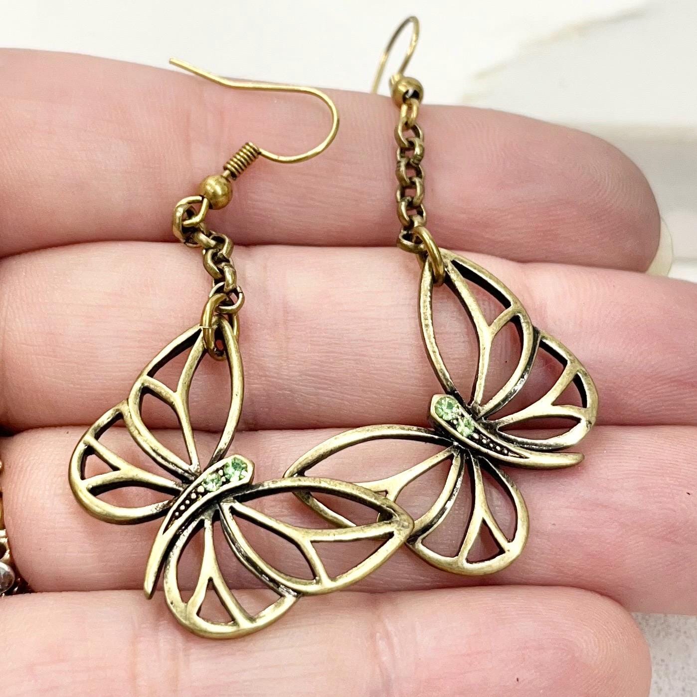 Antique Brass Tone Butterfly Drop Earrings MillyOliverVintage