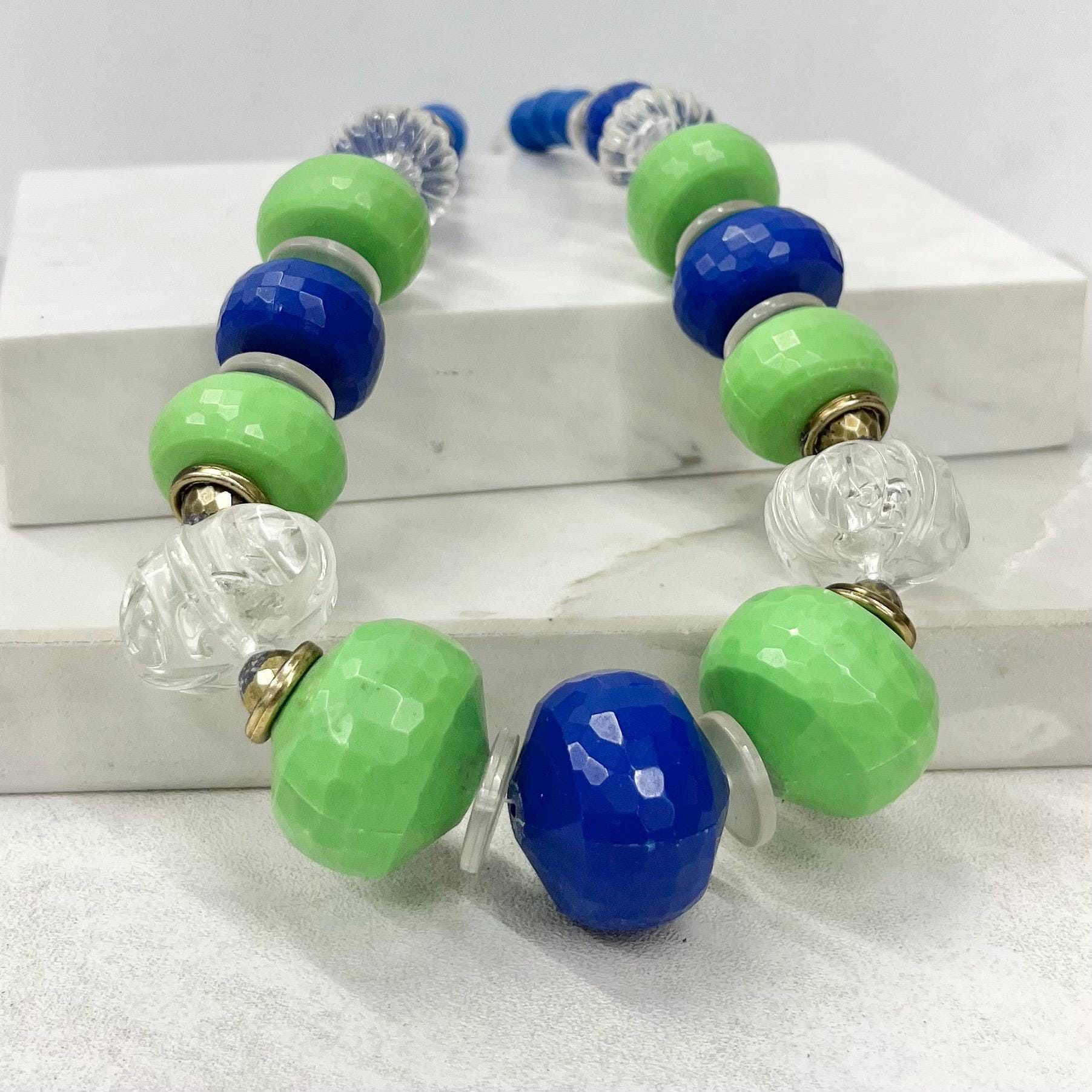 Vintage Fantastic Plastic Green Blue & Clear Chunky Beaded Necklace 20” Long MillyOliverVintage