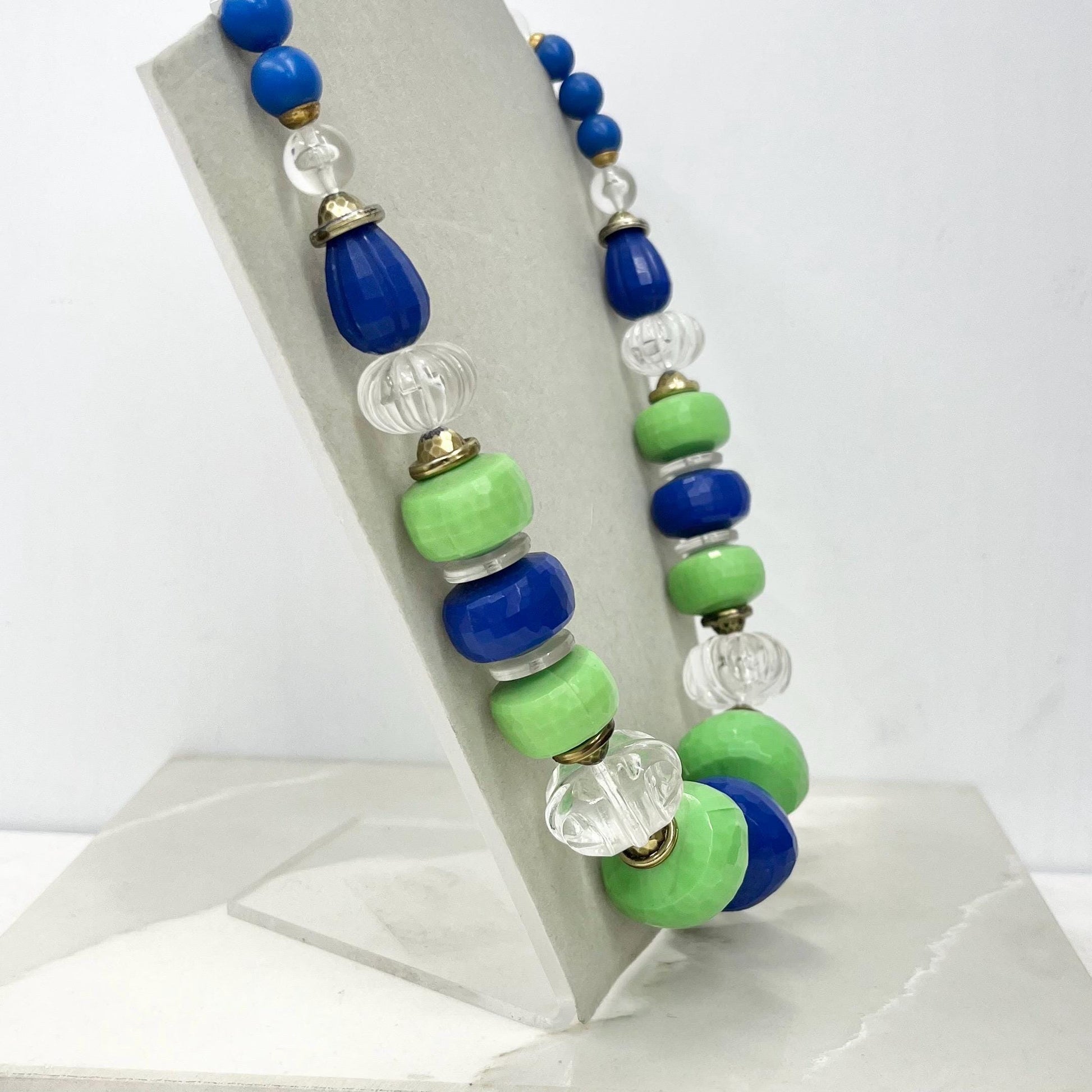 Vintage Fantastic Plastic Green Blue & Clear Chunky Beaded Necklace 20” Long MillyOliverVintage