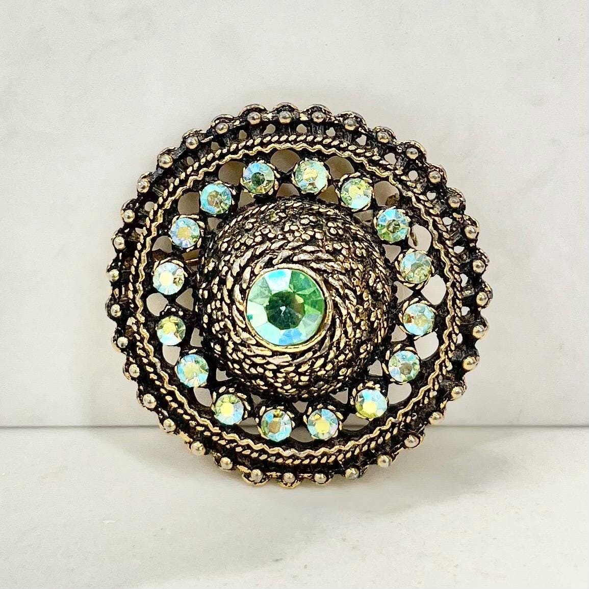 Vintage Aurora Borealis Green Uranium Glass Crystal Round Brooch Gold Tone with a UV Reactive Glow UV Jewellery Vintage MillyOliverVintage