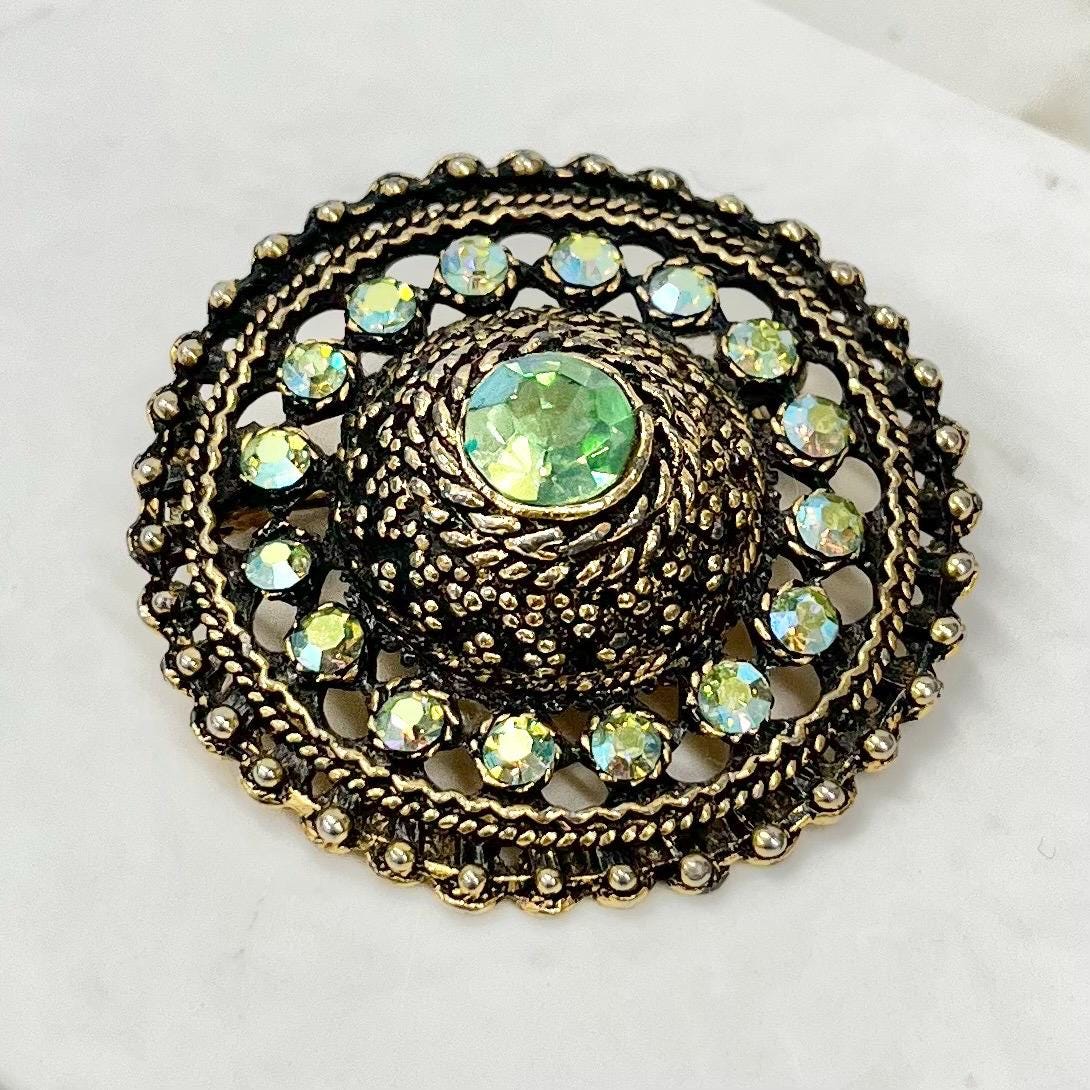 Vintage Aurora Borealis Green Uranium Glass Crystal Round Brooch Gold Tone with a UV Reactive Glow UV Jewellery Vintage MillyOliverVintage