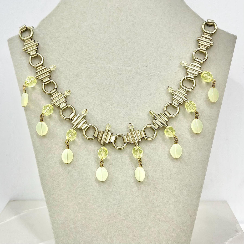 Unique Uranium Glass Bead Drop Necklace: Yellow Crystal, Gold Tone Chain, UV Reactive MillyOliverVintage
