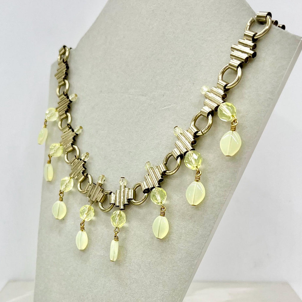 Unique Uranium Glass Bead Drop Necklace: Yellow Crystal, Gold Tone Chain, UV Reactive MillyOliverVintage