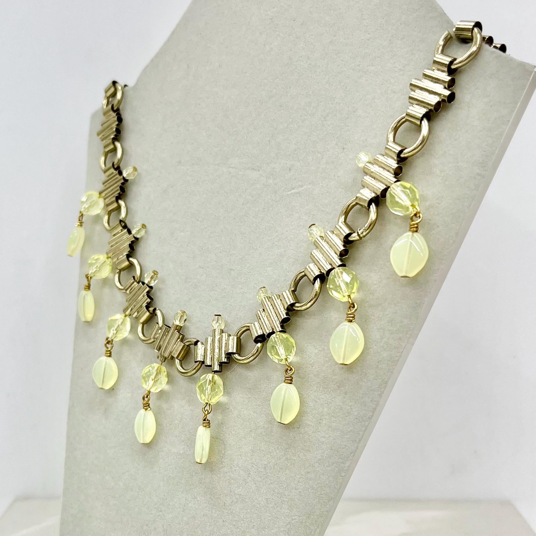 Unique Uranium Glass Bead Drop Necklace: Yellow Crystal, Gold Tone Chain, UV Reactive MillyOliverVintage