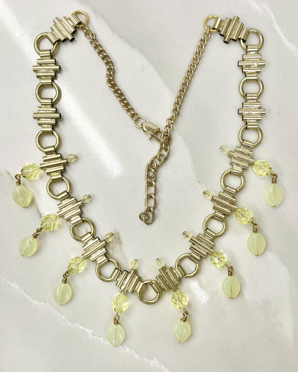 Unique Uranium Glass Bead Drop Necklace: Yellow Crystal, Gold Tone Chain, UV Reactive MillyOliverVintage