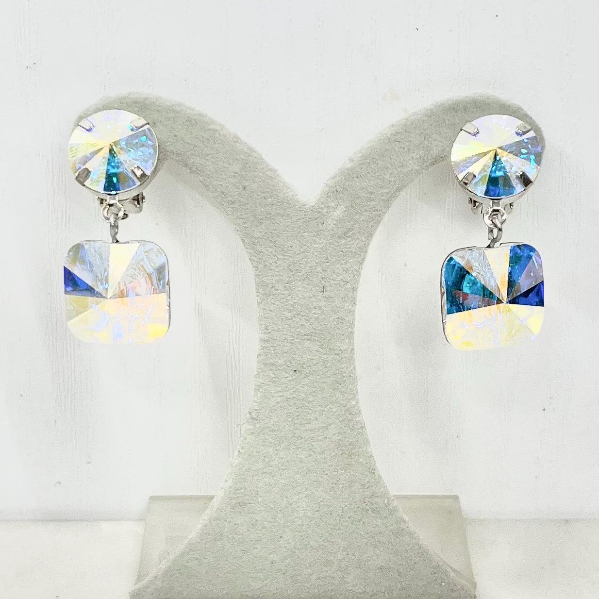 Handmade Swarovski Crystal Aurora Borealis Clip On Earrings Contemporary Super Sparkling Design MillyOliverVintage