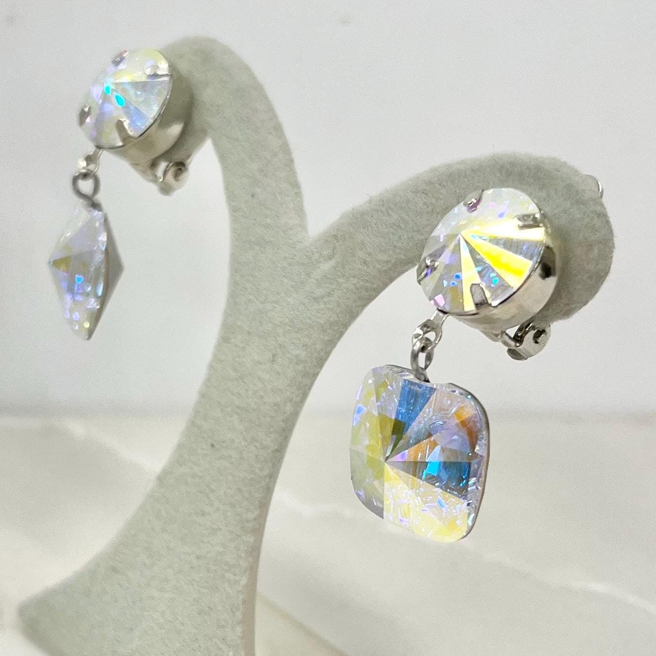 Handmade Swarovski Crystal Aurora Borealis Clip On Earrings Contemporary Super Sparkling Design MillyOliverVintage