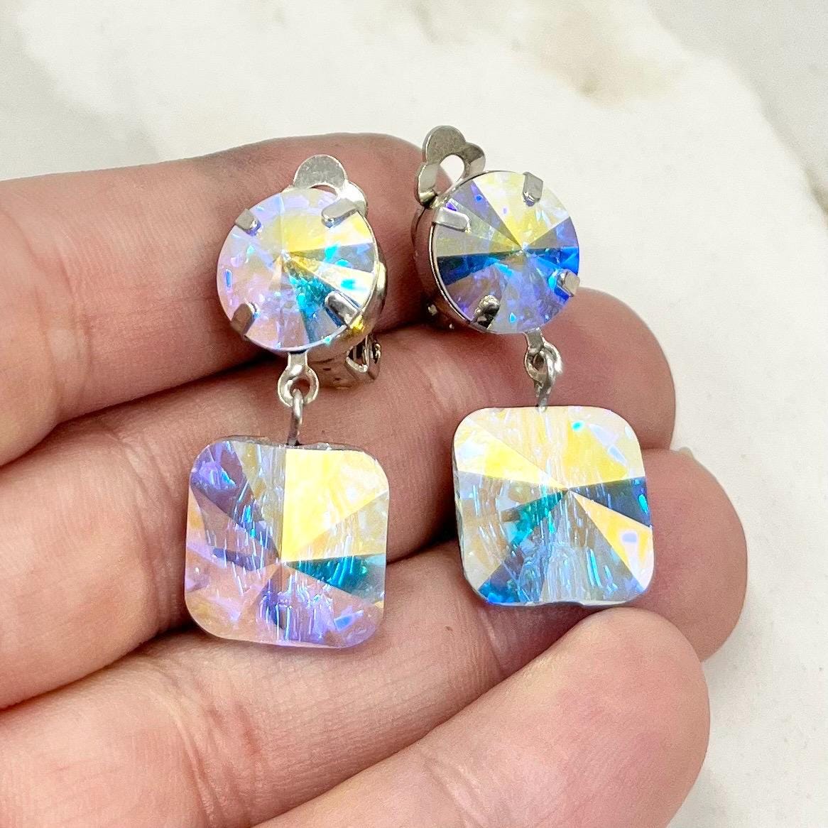 Handmade Swarovski Crystal Aurora Borealis Clip On Earrings Contemporary Super Sparkling Design MillyOliverVintage