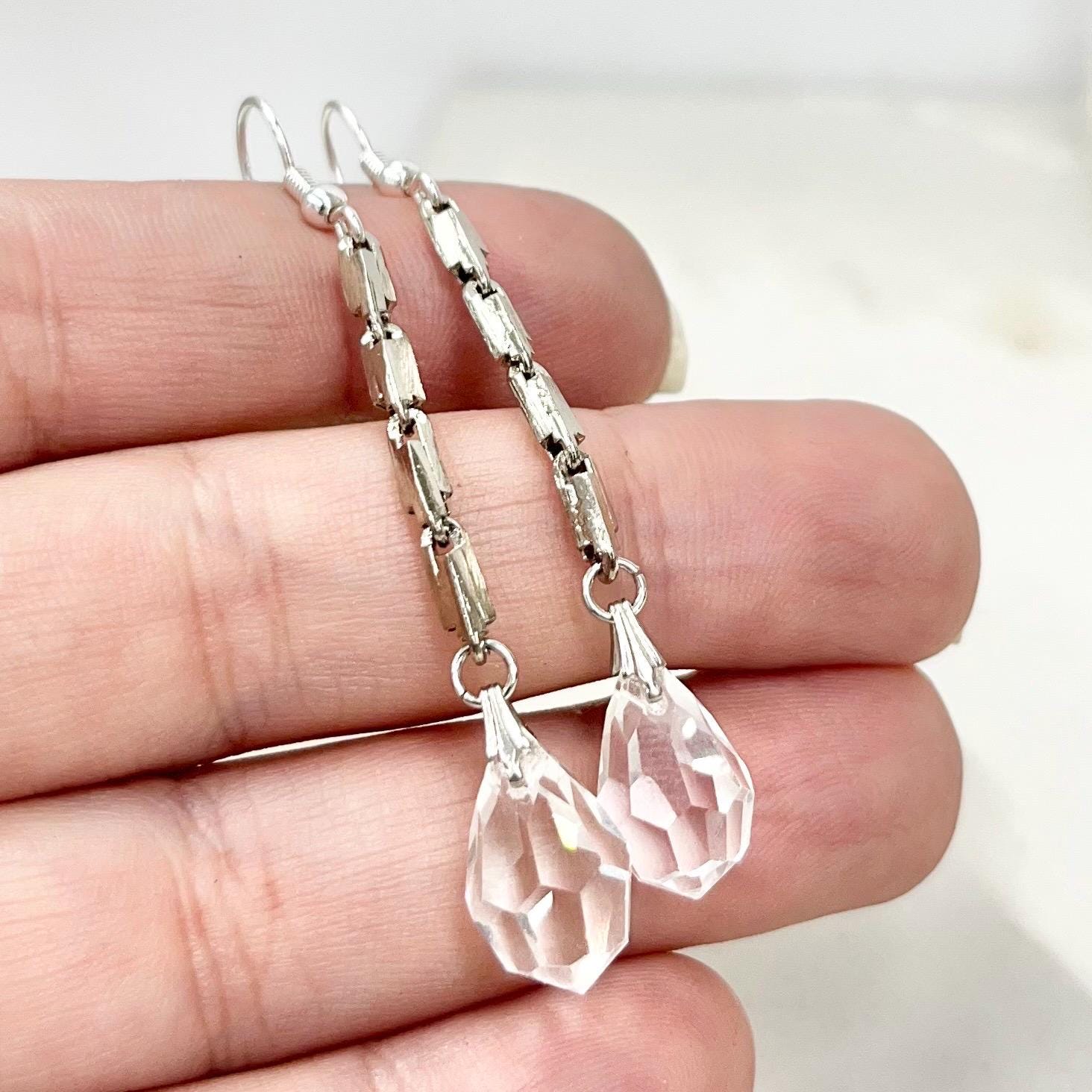 Handmade Clear Swarovski Crystal Long Drop Earrings Contemporary Super Sparkling Design MillyOliverVintage