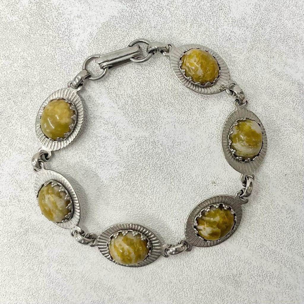 Vintage Silver Tone 1970’s 1980’s Green Agate Cabochon Bracelet Costume Jewellery 7.5” MillyOliverVintage