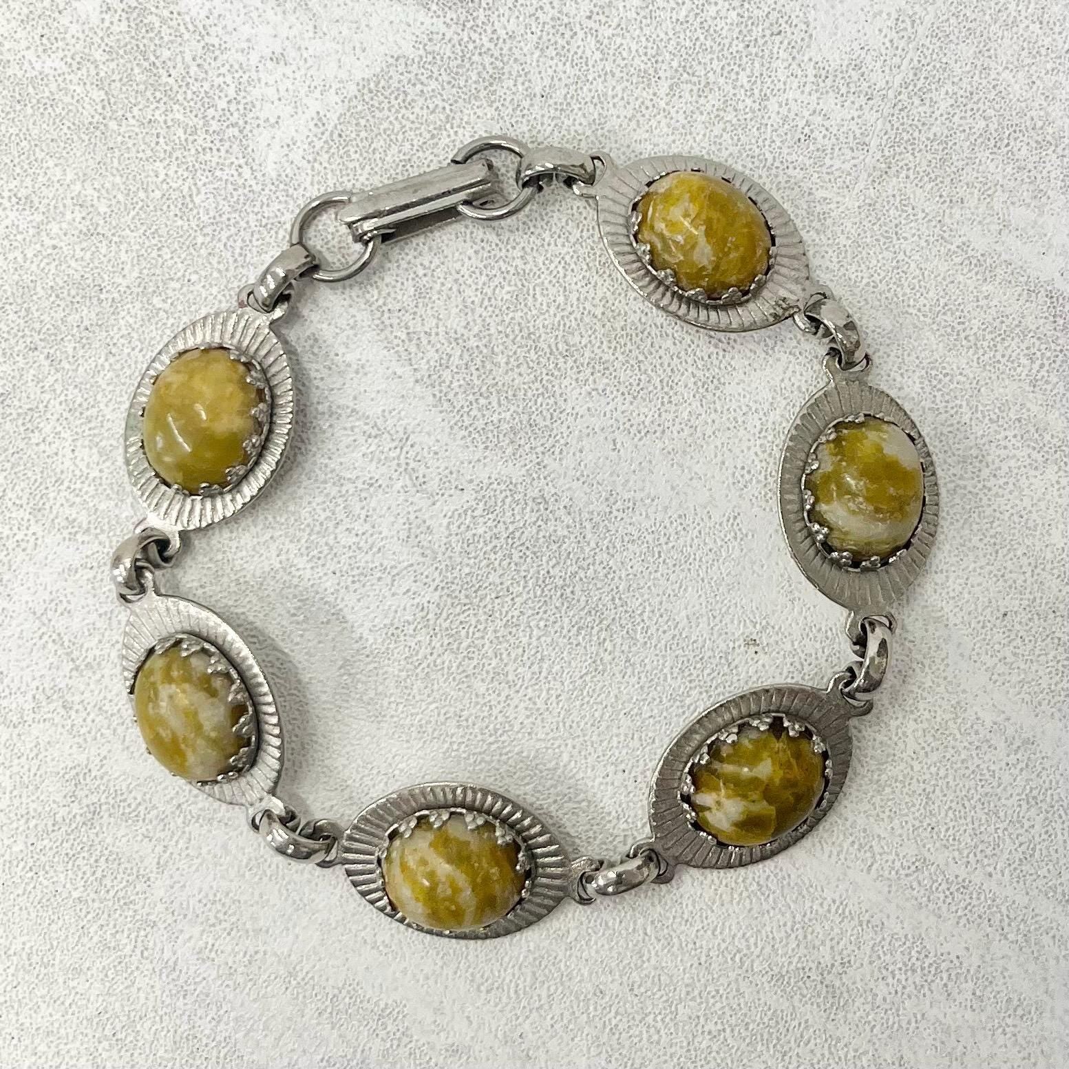 Vintage Silver Tone 1970’s 1980’s Green Agate Cabochon Bracelet Costume Jewellery 7.5” MillyOliverVintage