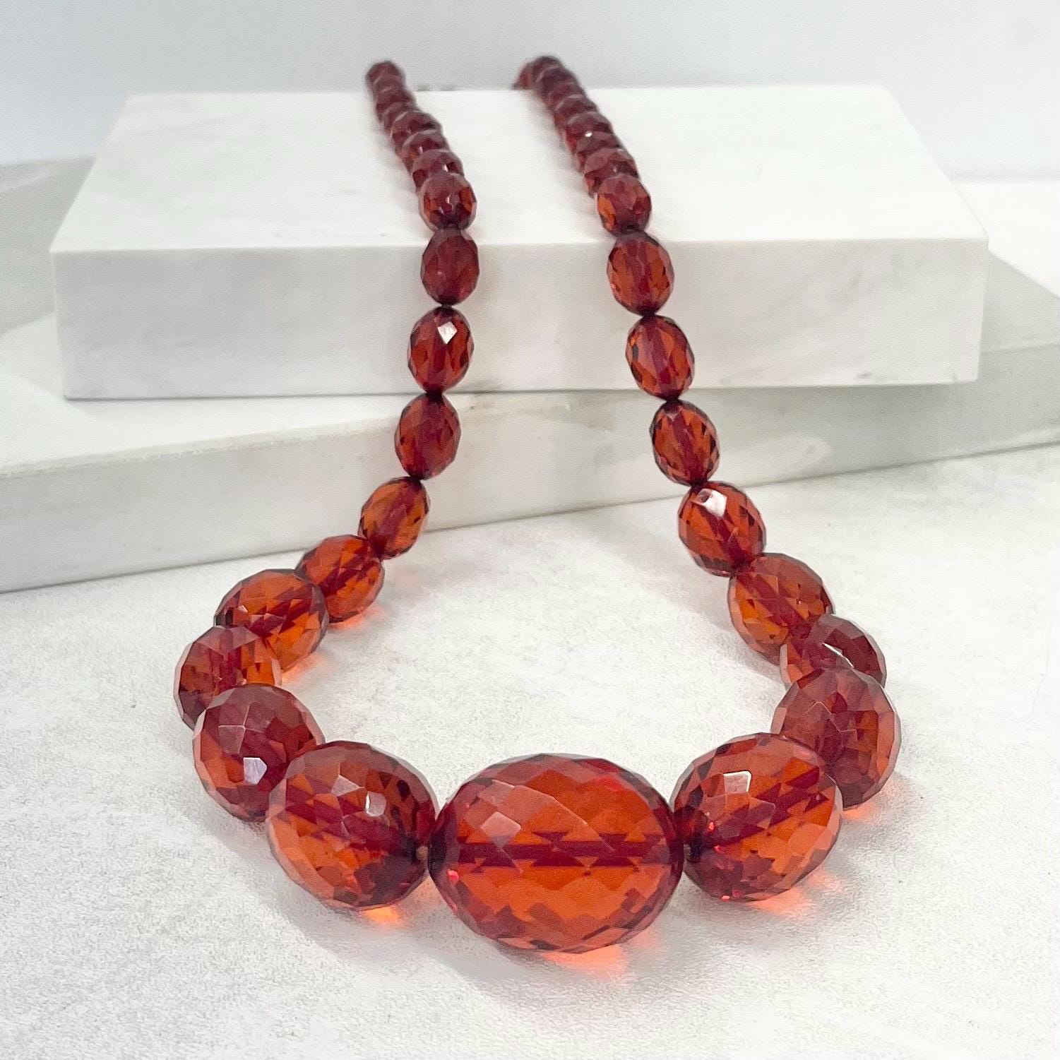 Antique Art Deco Faceted Cherry Amber Bakelite Bead Necklace 30” Long MillyOliverVintage