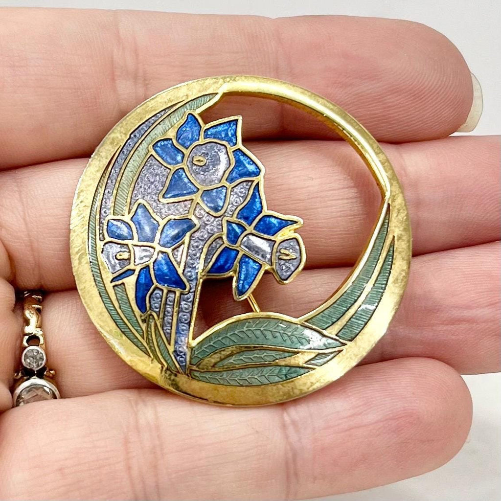 Vintage Gold Tone Cloisonne Enamel Floral Bluebell Brooch MillyOliverVintage