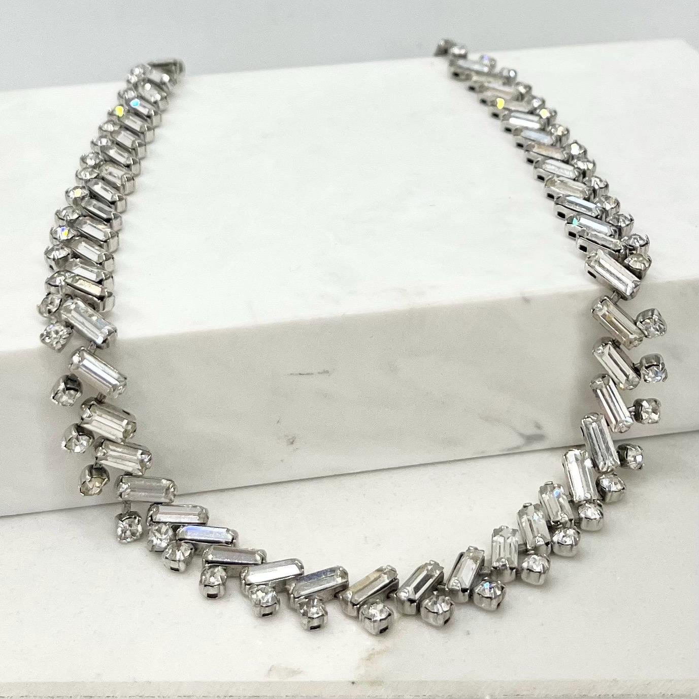 Vintage Silver Tone Diagonal Baguette Cut Crystal Paste Necklace 1960’s MillyOliverVintage