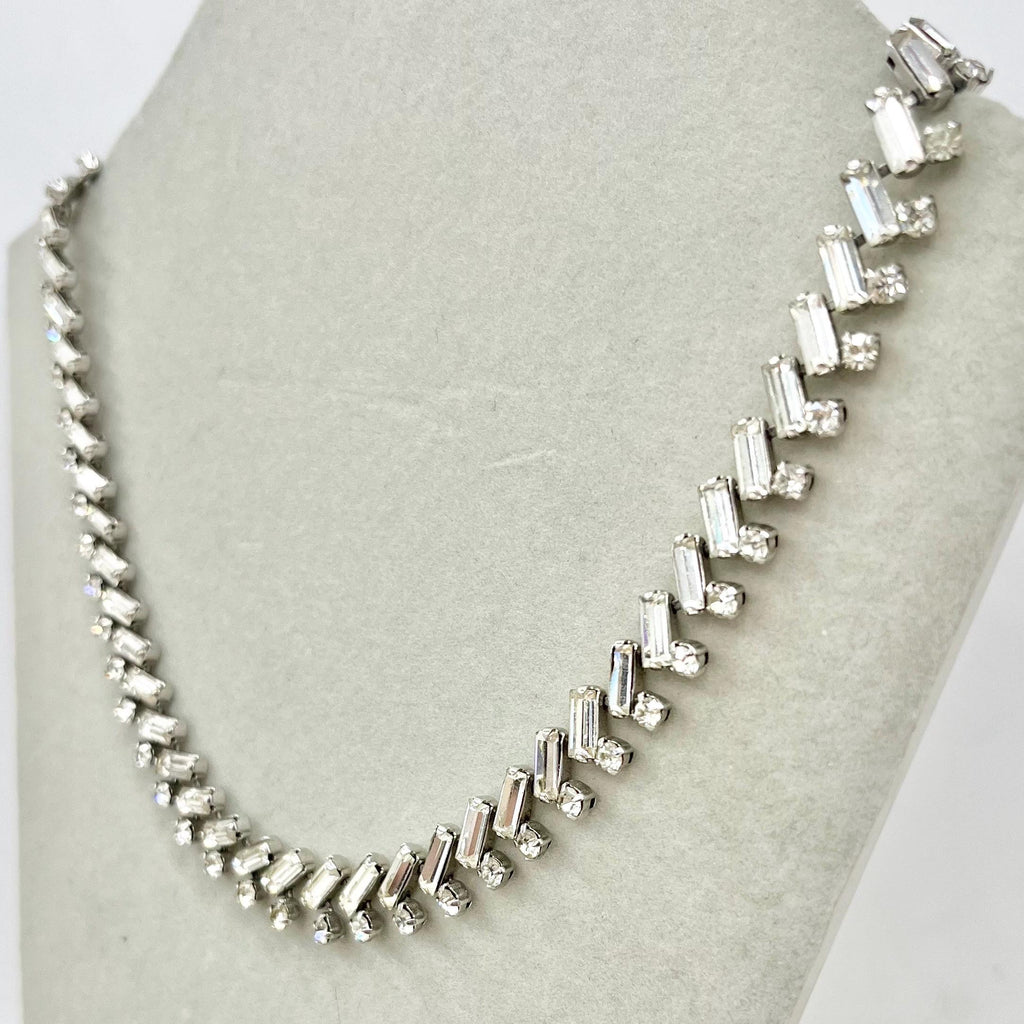 Vintage Silver Tone Diagonal Baguette Cut Crystal Paste Necklace 1960’s MillyOliverVintage