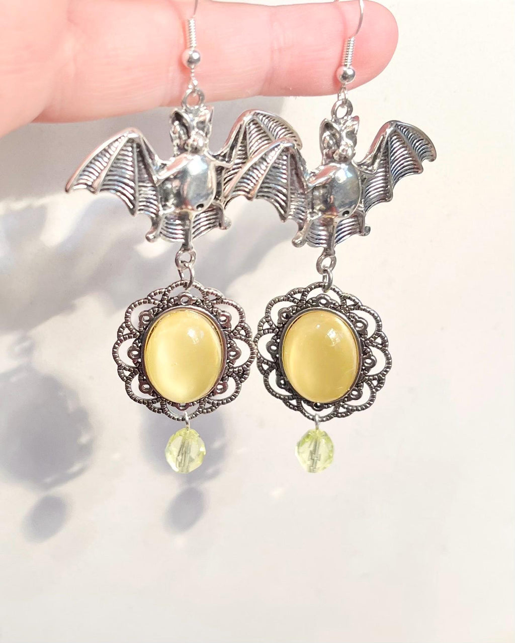 Uranium Glass Bat Drop Earrings: Yellow Czech Glass Beads UV Reactive MillyOliverVintage