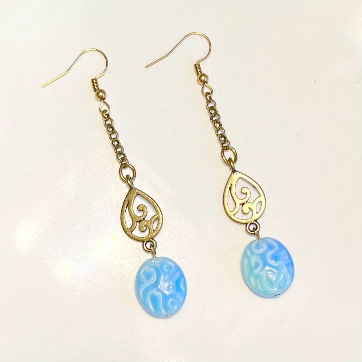 Uranium Glass Filigree Drop Earrings: Blue Czech Glass Beads UV Reactive MillyOliverVintage