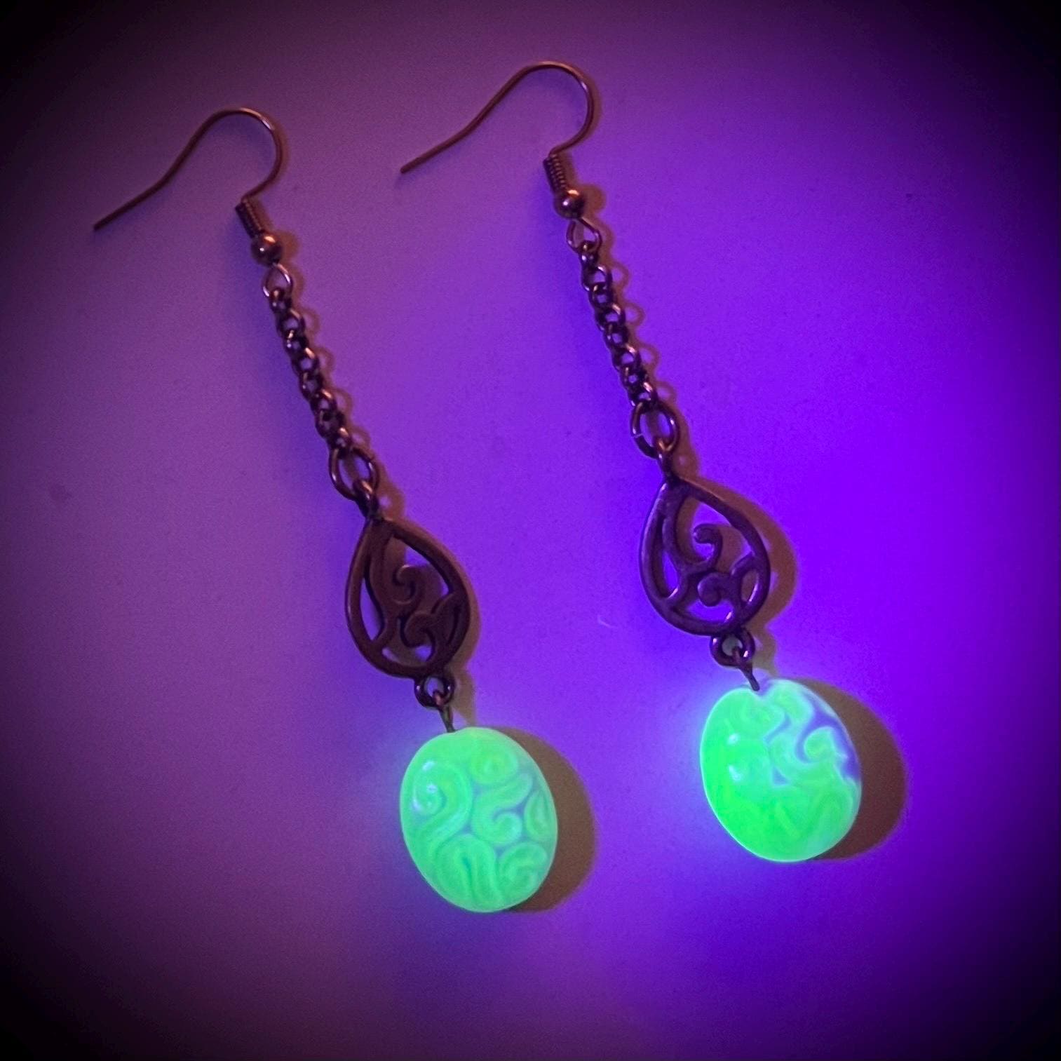 Uranium Glass Filigree Drop Earrings: Blue Czech Glass Beads UV Reactive MillyOliverVintage