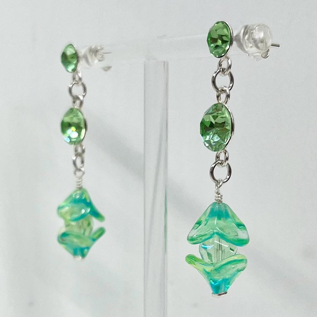 Sterling Silver Yellow & Green Uranium Glass and Crystal Bead Drop Stud Earrings with a UV Reactive Glow UV Jewellery MillyOliverVintage